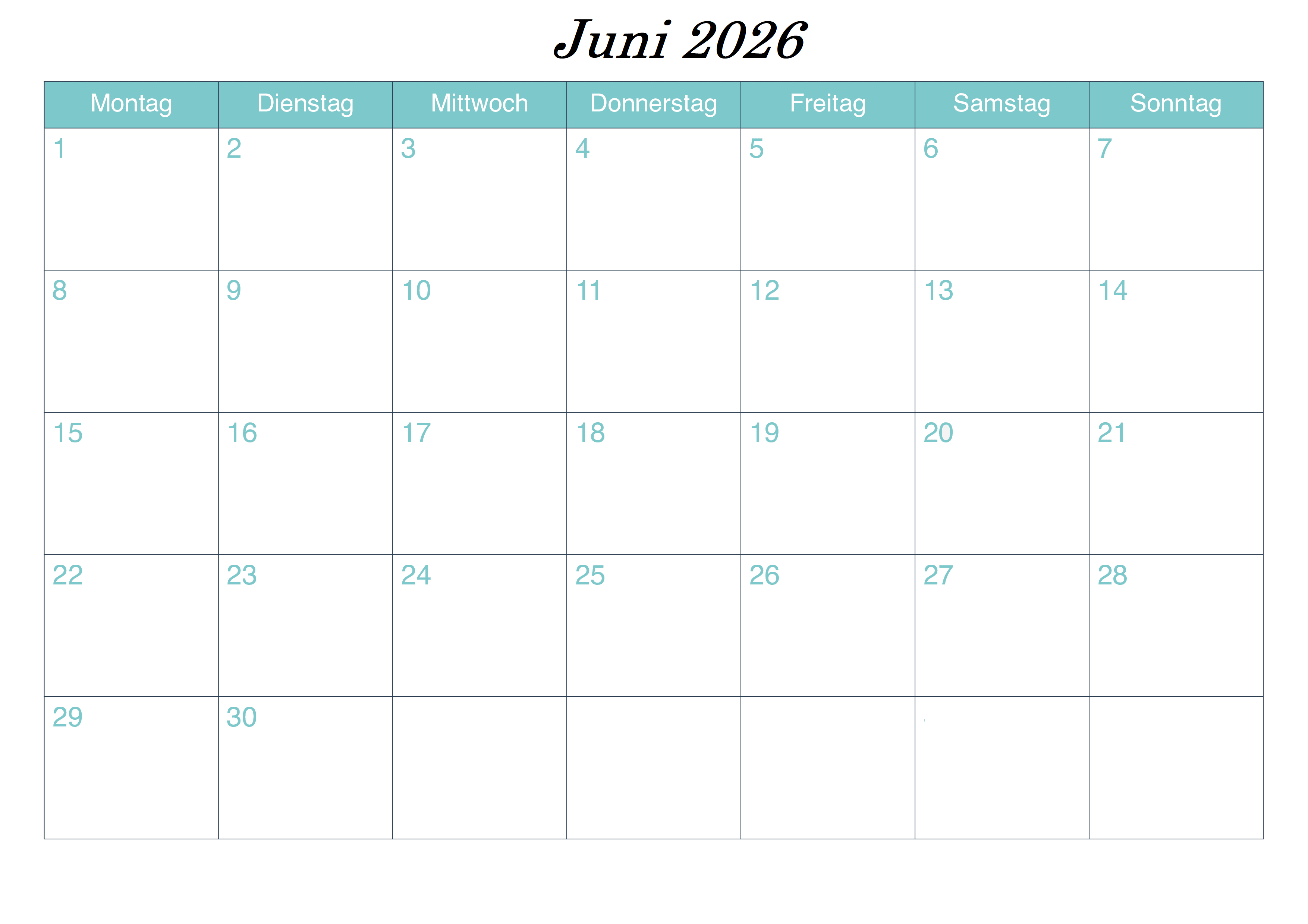 Juni Kalender 2026 Feiertags