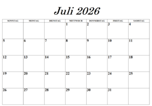 Kalenderblatt Juli 2026
