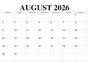 Kalender 2026 August