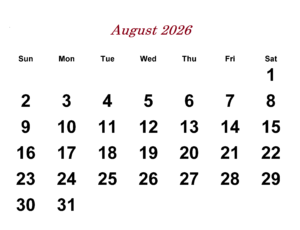 Kalender August 2026 Vorlage