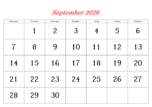 September 2026 Kalender Ausdrucken