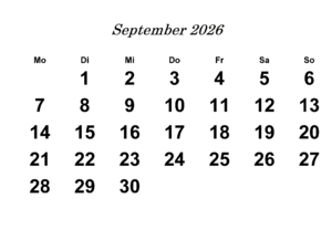 September 2026 Kalender Vorlage