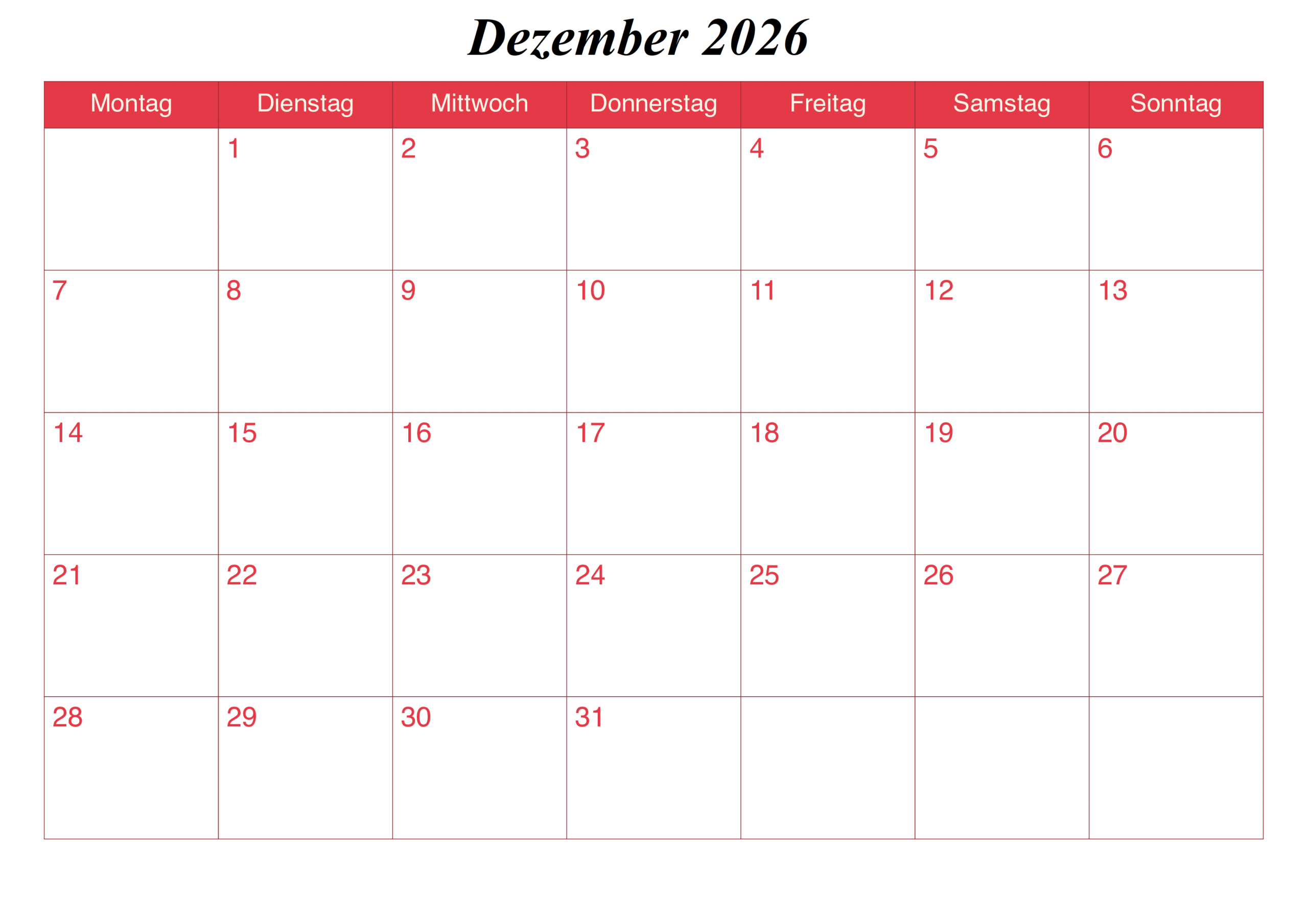 Dezember 2026 Feiertags Kalender