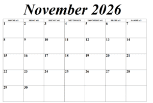 November Kalender 2026 Zum Ausdrucken