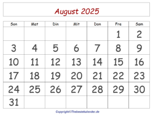 August 2025 Kalender Drucken