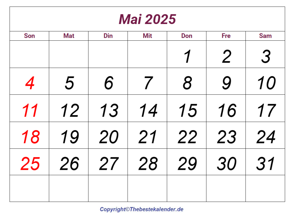 Mai 2025 Kalender Vorlage | The Beste Kalender
