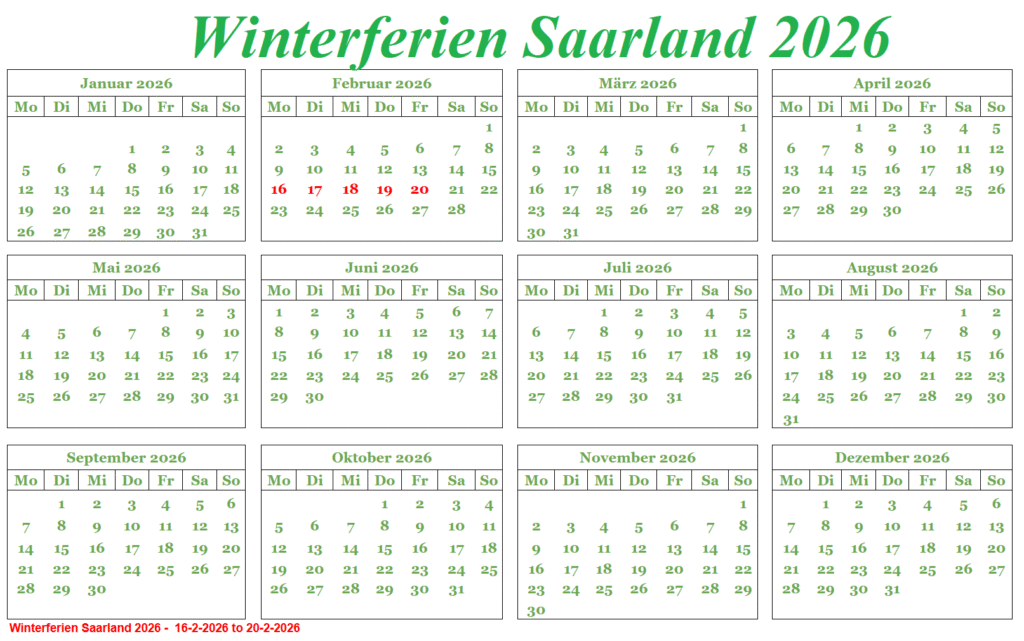 Winterferien Kalender 2026 Saarland Zum Ausdrucken | The Beste Kalender