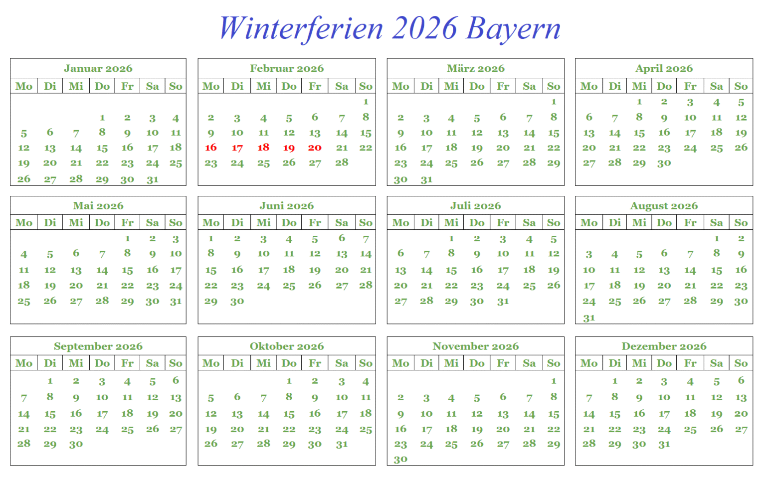 Winterferien Kalender 2026 Bayern PDF | The Beste Kalender