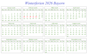 Winterferien Kalender 2026 Bayern Zum Ausdrucken