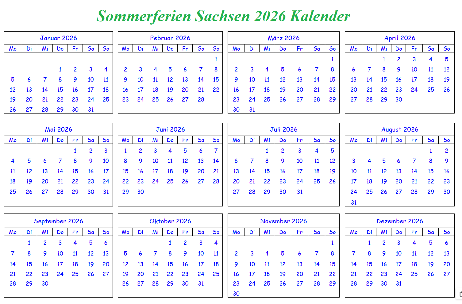 Sommerferien 2026 Saarland Kalender PDF