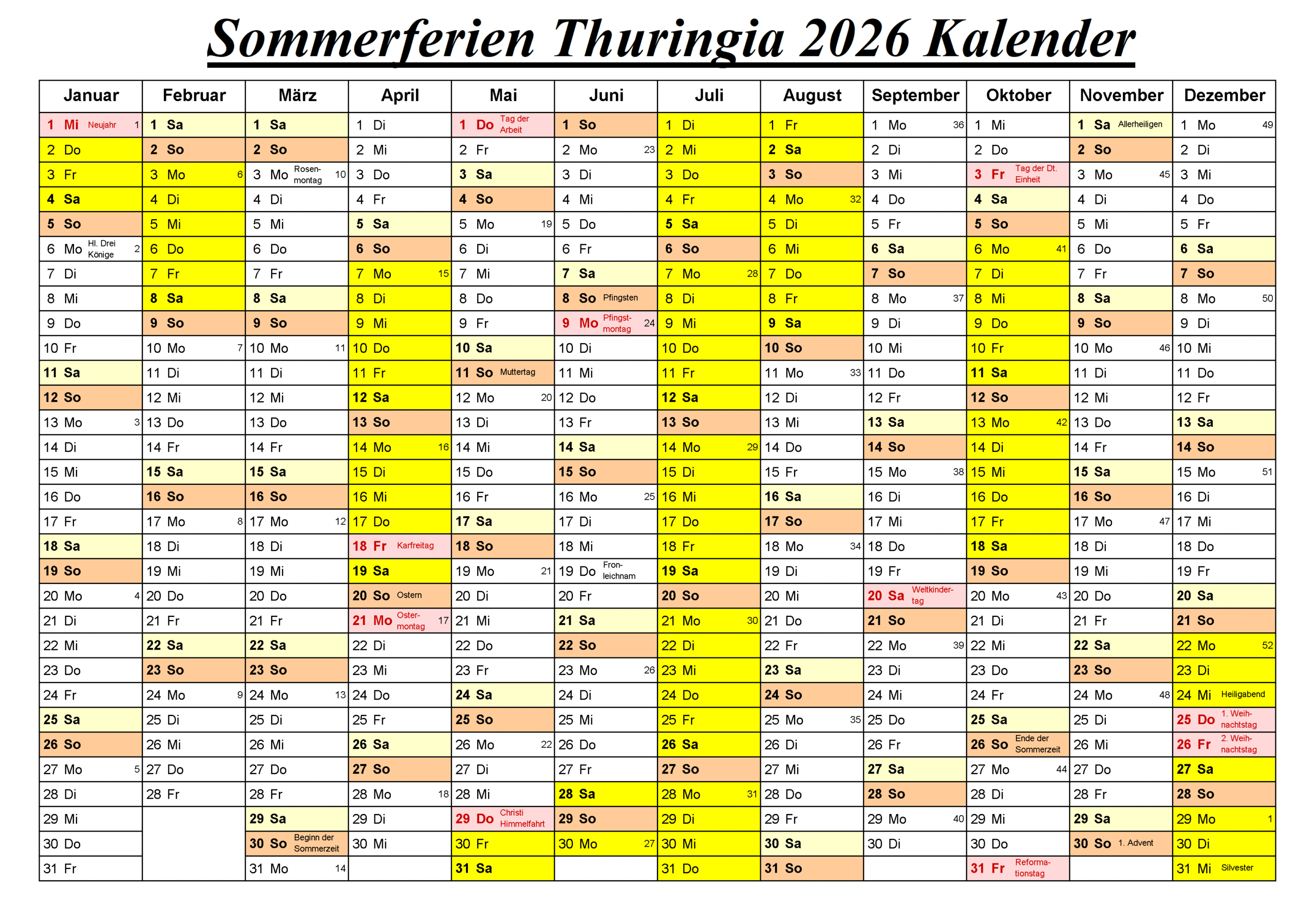 Feiertagen 2026 Thuringia Kalender