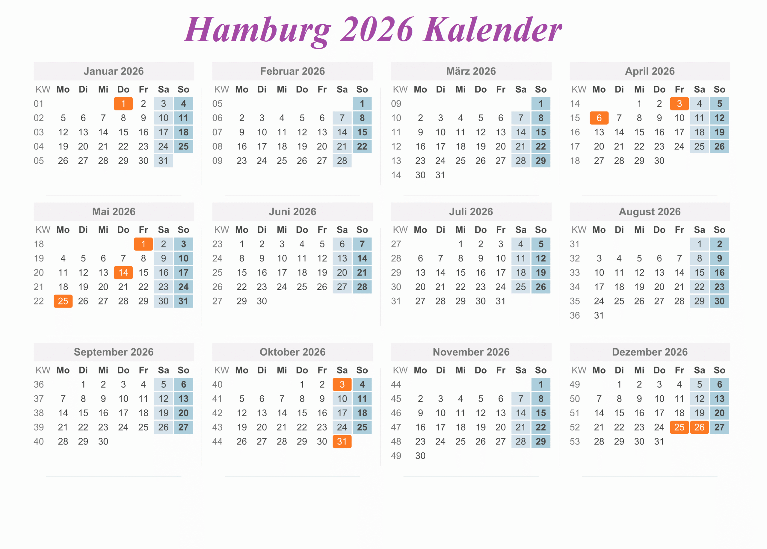 Hamburg 2026 Kalender Zum Ausdrucken