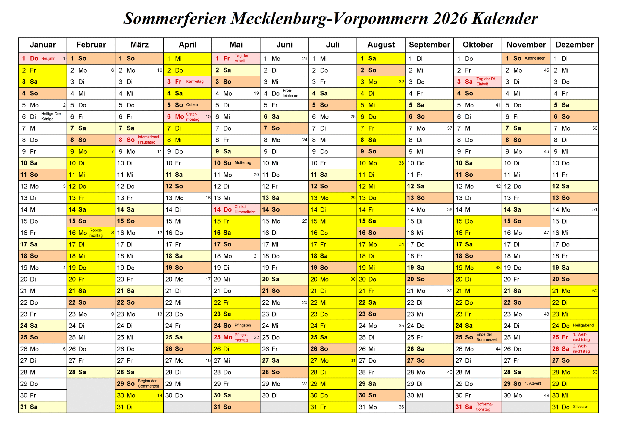 Mecklenburg-Vorpommern 2026 Kalender Zum Ausdrucken | The Beste Kalender