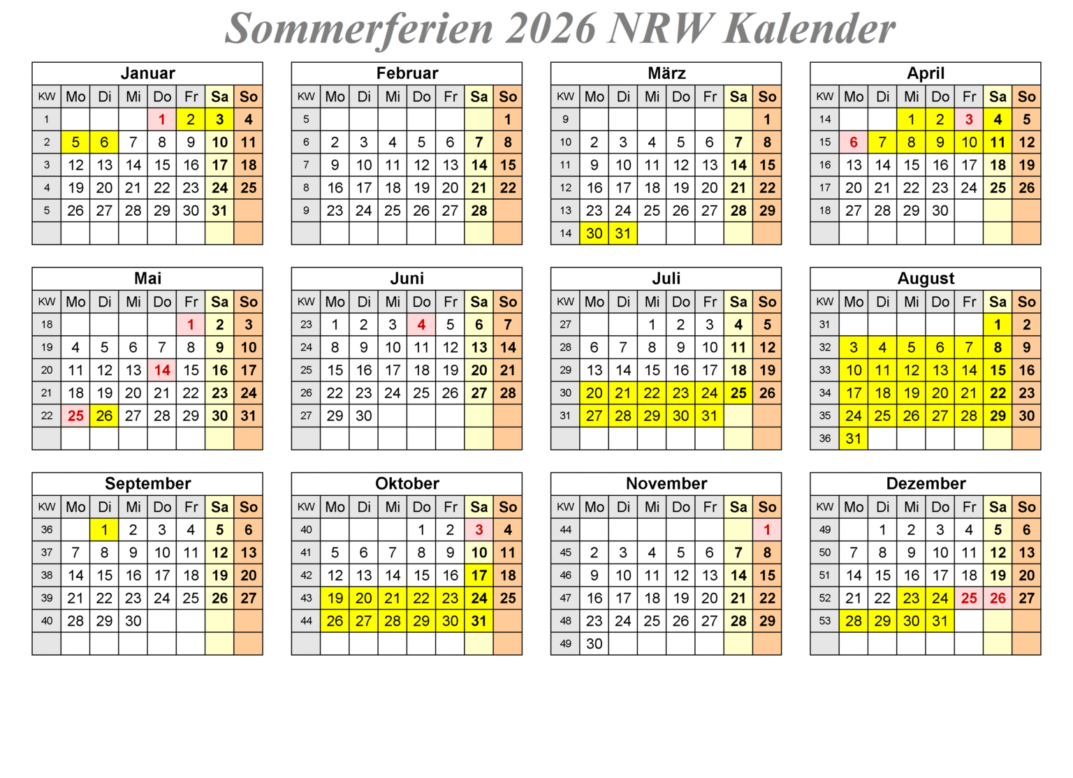 NRW 2026 Kalender Zum Ausdrucken | The Beste Kalender
