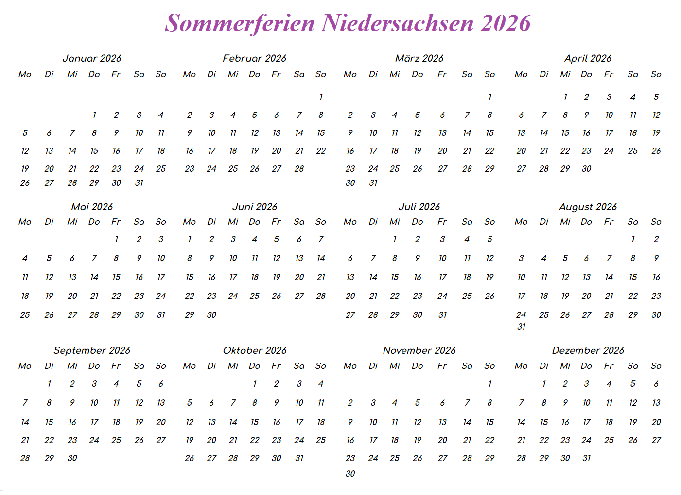 Niedersachsen 2026 Kalender Zum Ausdrucken