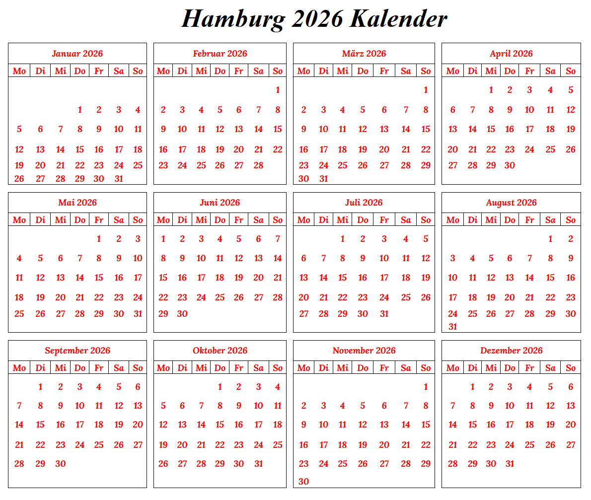 Sommerferien 2026 Hamburg Kalender PDF