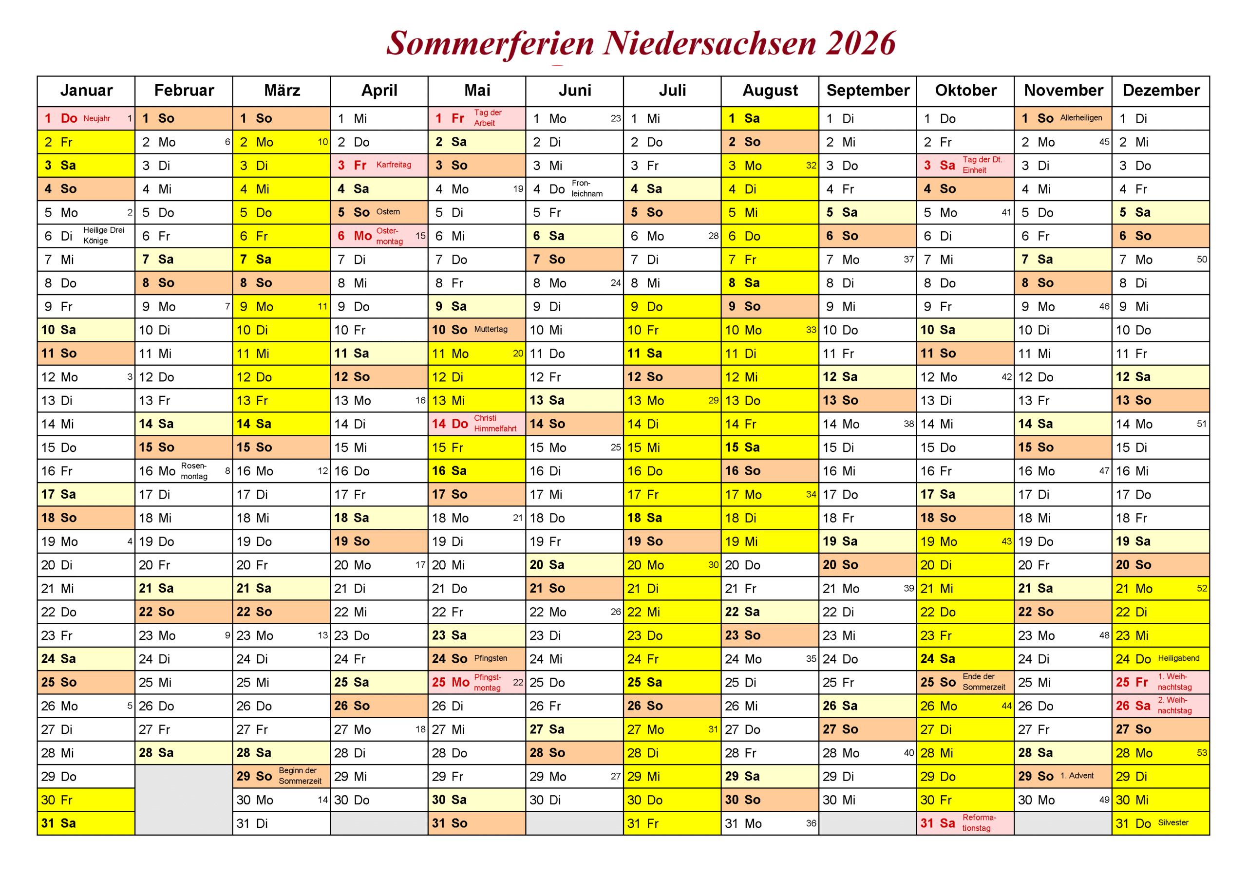 Sommerferien 2026 Niedersachsen Kalender PDF
