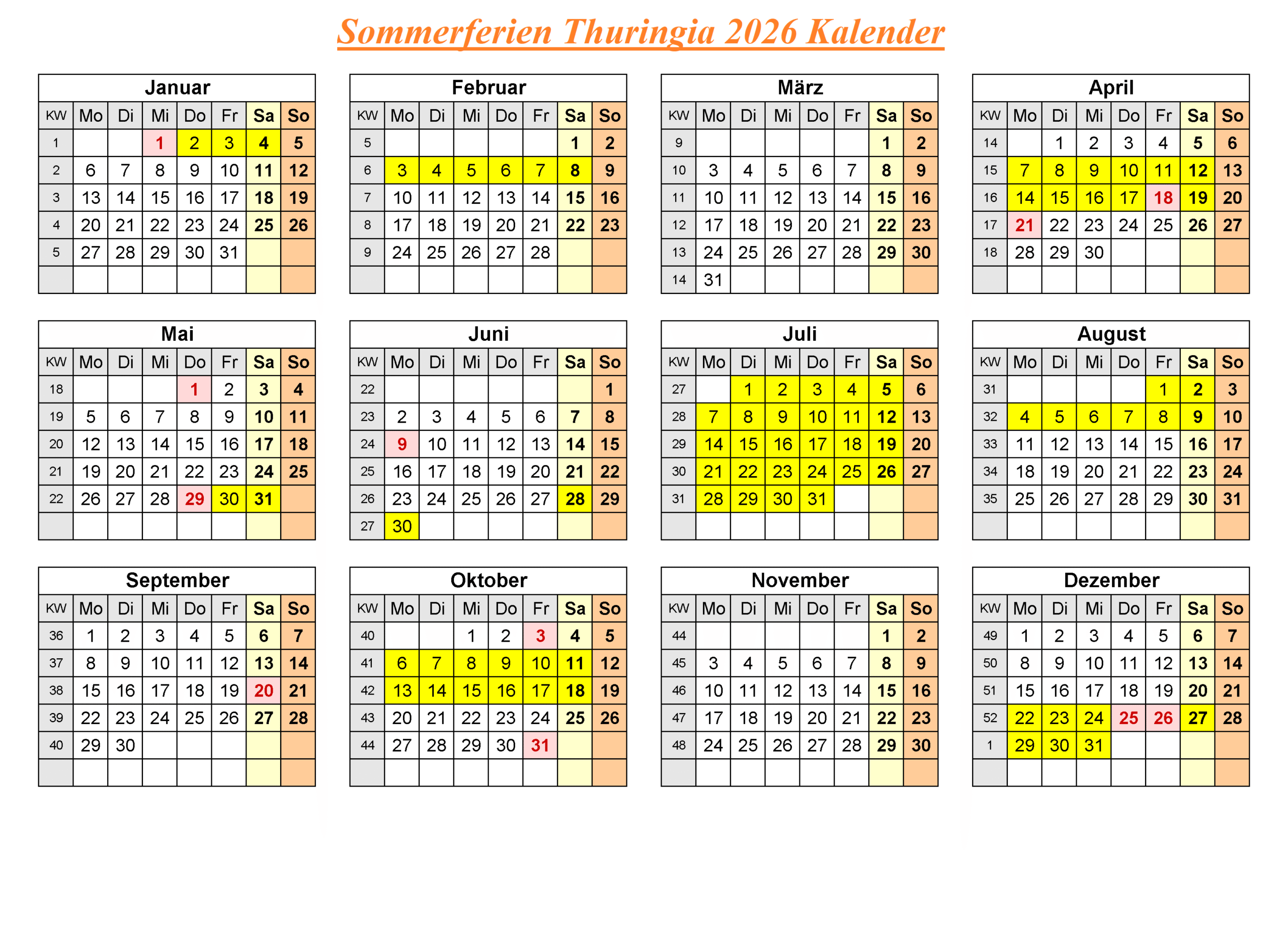 Sommerferien 2026 Thuringia Kalender PDF
