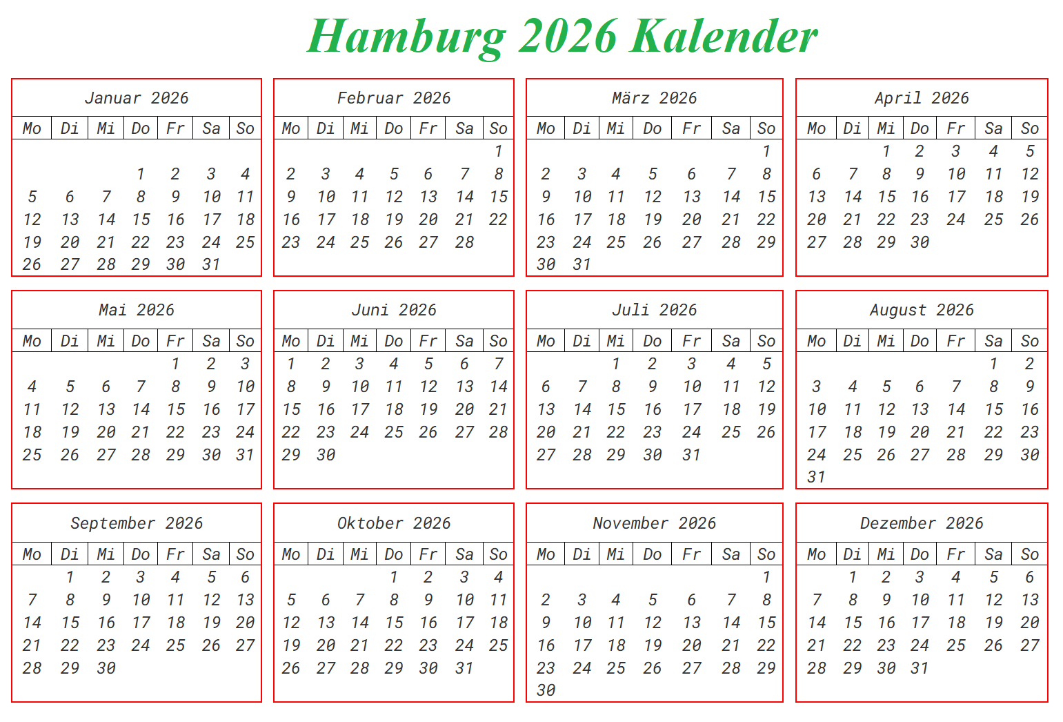 Sommerferien Hamburg 2026 Kalender