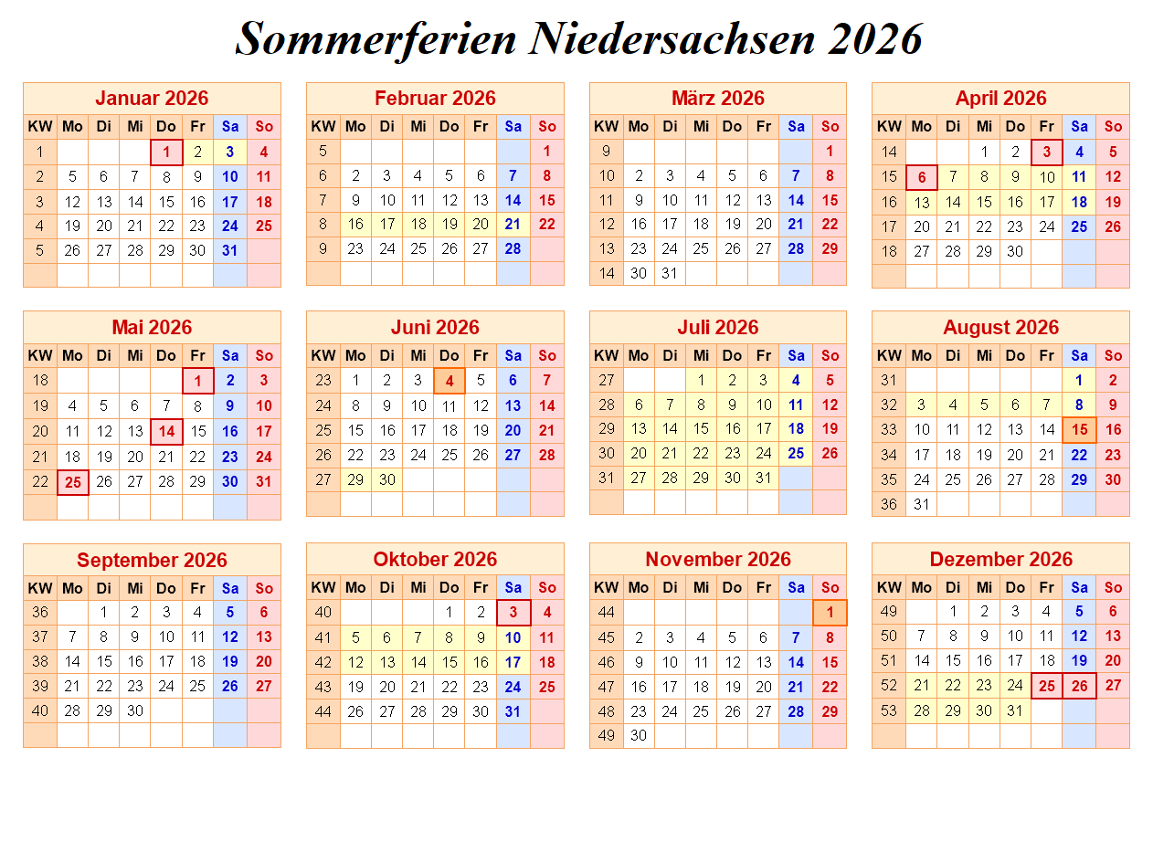 Sommerferien Niedersachsen 2026 Kalender
