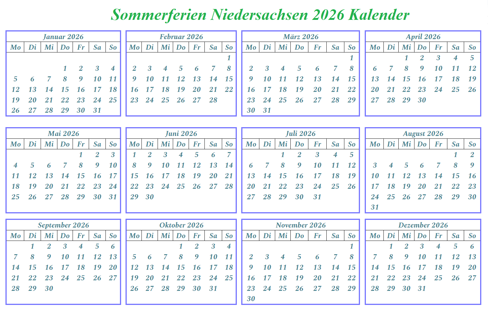 Sommerferien Niedersachsen 2026