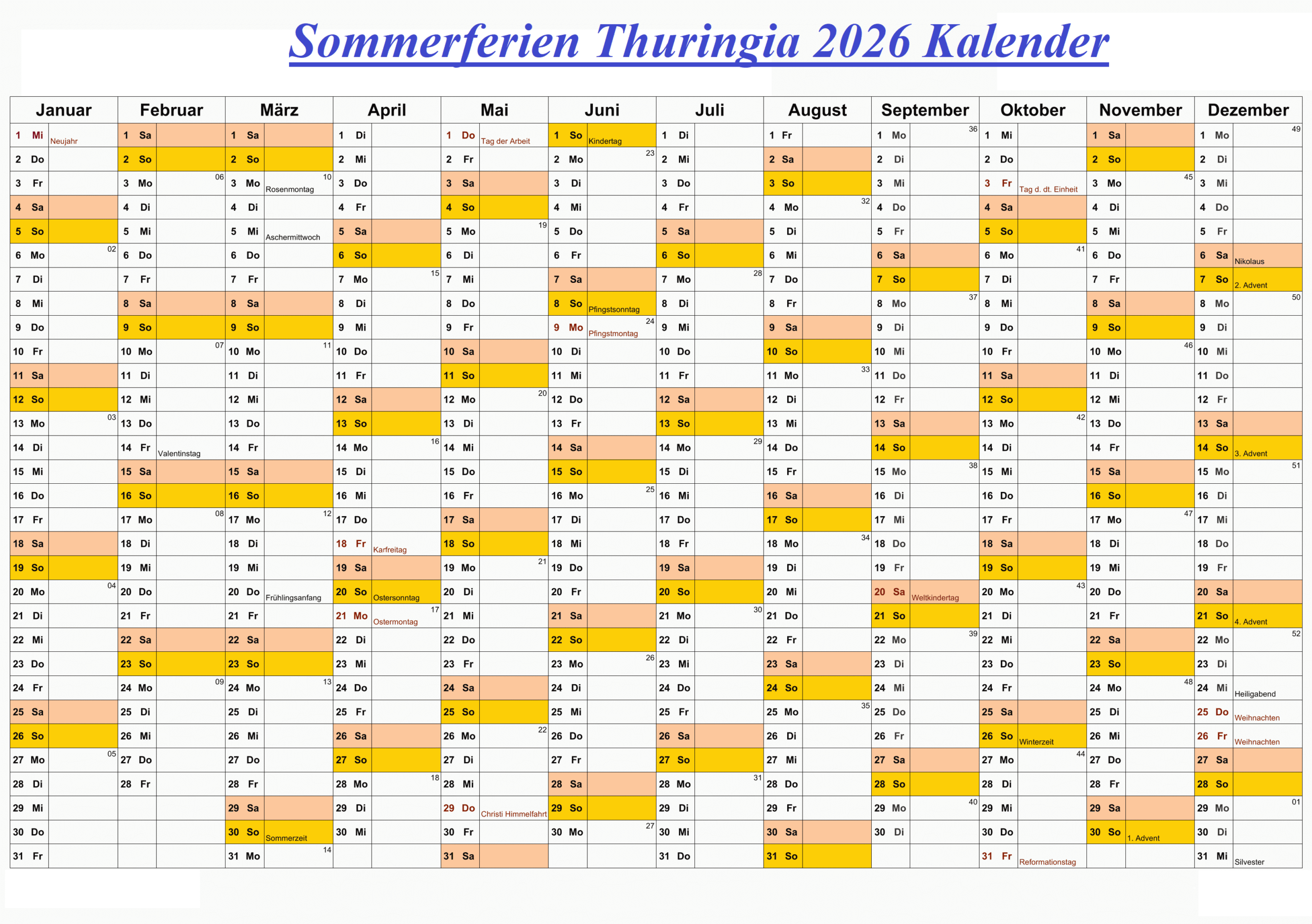 Sommerferien Thuringia 2026 Kalender