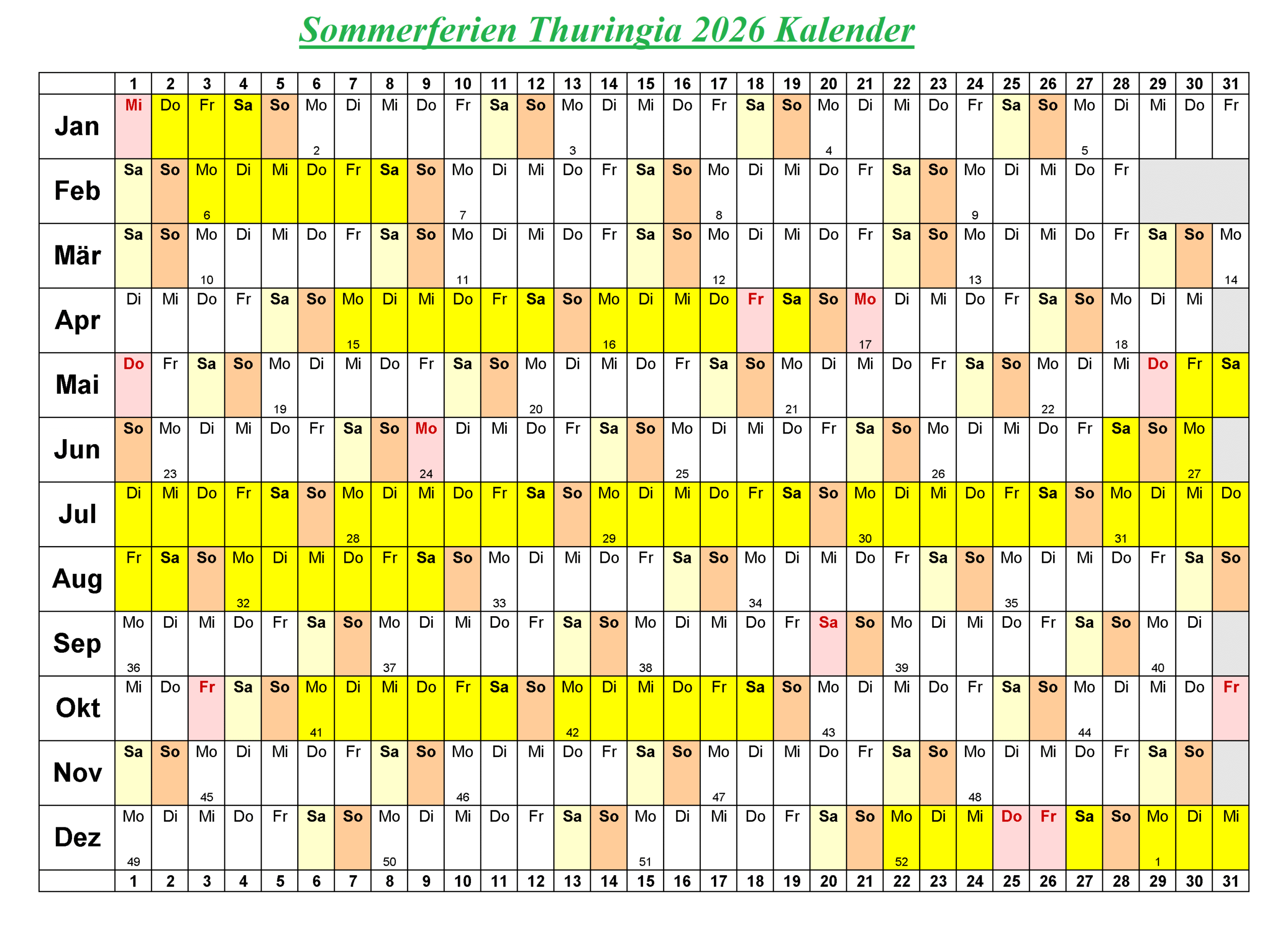 Thuringia 2026 Kalender Zum Ausdrucken